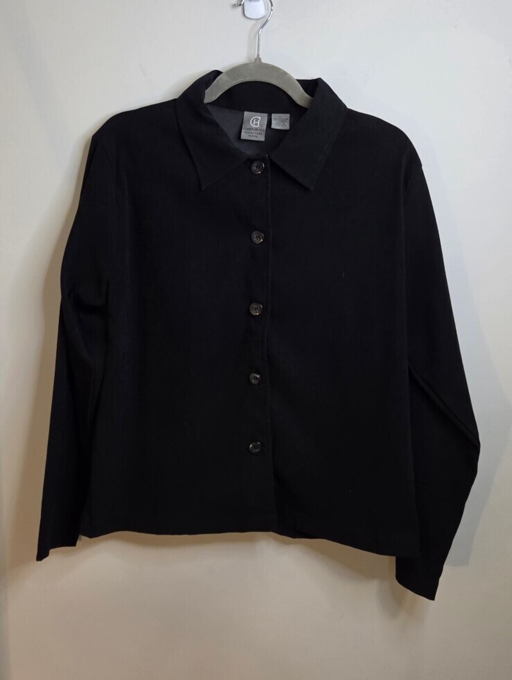 Chandler Hill Collections Womens Petite L Black Button-Up Top